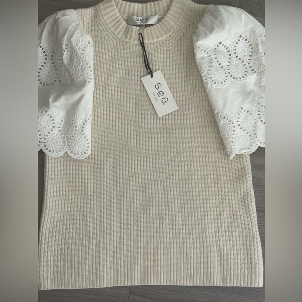 Sea New York Nadene Eyelet Cream Wool Knit Sweater White Eyelet Short Sleeve S